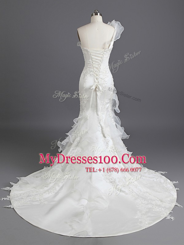 Romantic Mermaid Strapless Sleeveless Chapel Train Lace Up Wedding Dresses White Satin