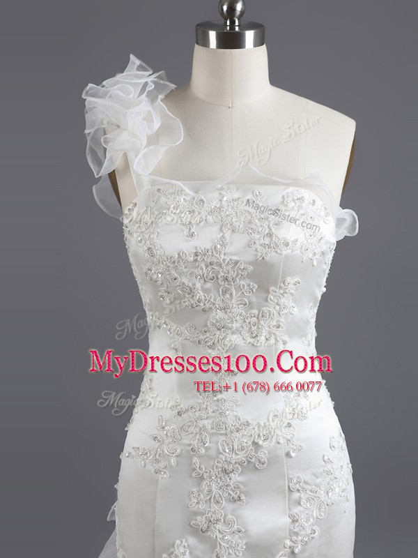 Romantic Mermaid Strapless Sleeveless Chapel Train Lace Up Wedding Dresses White Satin