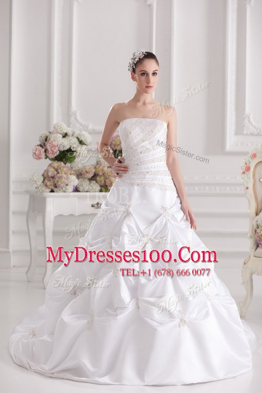 Pretty Taffeta Strapless Sleeveless Brush Train Zipper Beading and Ruching and Pick Ups Wedding Dress in White
