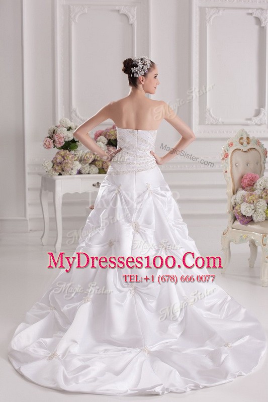 Pretty Taffeta Strapless Sleeveless Brush Train Zipper Beading and Ruching and Pick Ups Wedding Dress in White