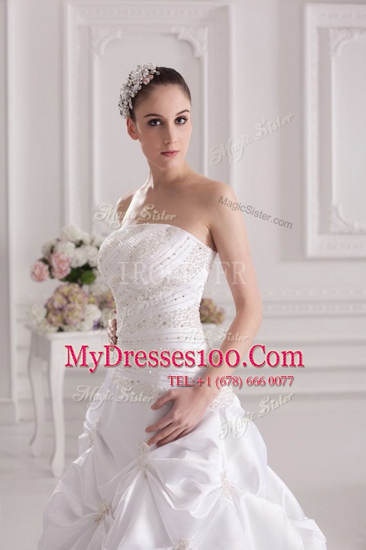 Pretty Taffeta Strapless Sleeveless Brush Train Zipper Beading and Ruching and Pick Ups Wedding Dress in White