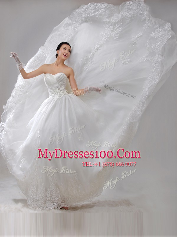 Enchanting White Lace Up Bridal Gown Beading and Lace and Appliques and Ruching Sleeveless With Brush Train