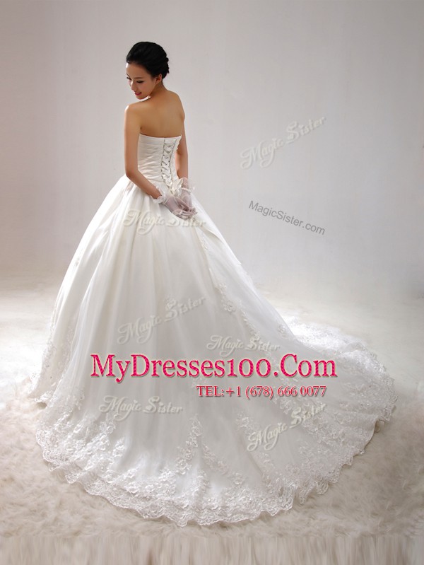 Enchanting White Lace Up Bridal Gown Beading and Lace and Appliques and Ruching Sleeveless With Brush Train