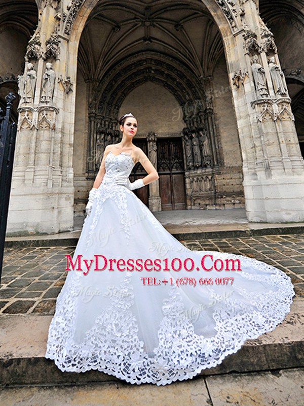Sleeveless Chapel Train Beading and Appliques Lace Up Bridal Gown