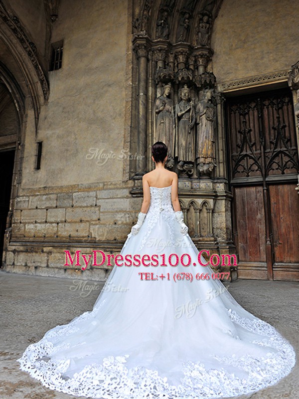 Sleeveless Chapel Train Beading and Appliques Lace Up Bridal Gown