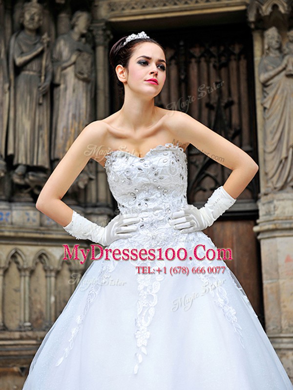 Sleeveless Chapel Train Beading and Appliques Lace Up Bridal Gown