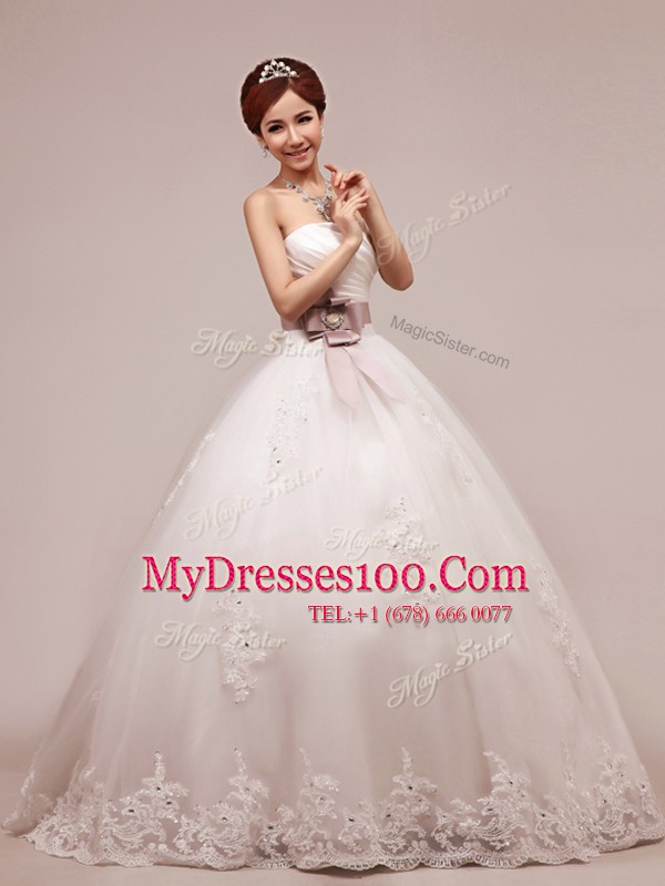 Nice Sequins Floor Length White Wedding Dresses Tulle and Lace Sleeveless Lace and Appliques and Ruching and Belt