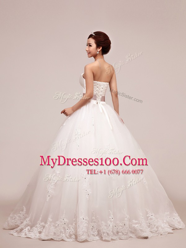 Nice Sequins Floor Length White Wedding Dresses Tulle and Lace Sleeveless Lace and Appliques and Ruching and Belt