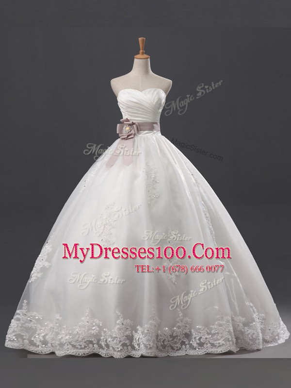 Nice Sequins Floor Length White Wedding Dresses Tulle and Lace Sleeveless Lace and Appliques and Ruching and Belt
