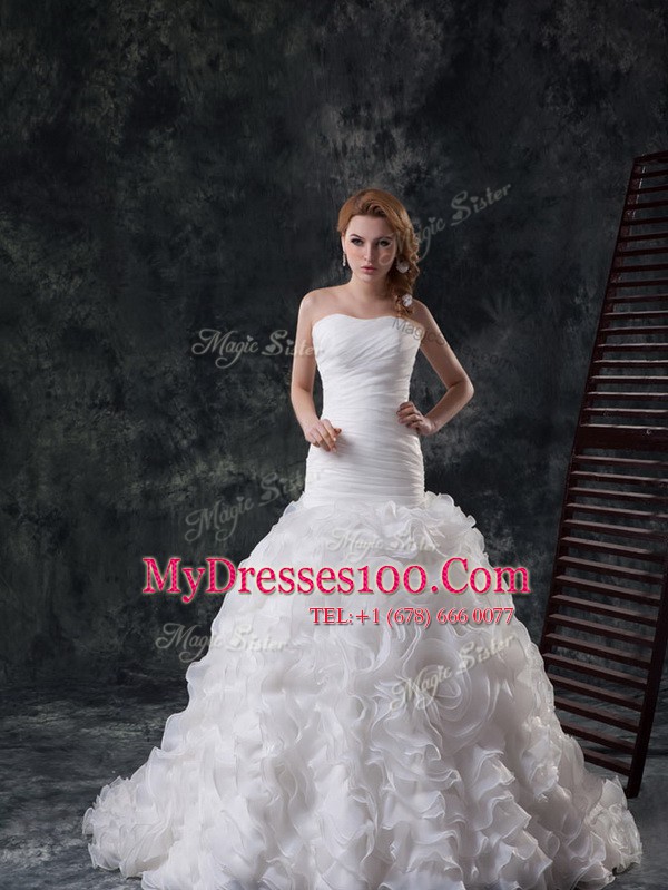 Fabric with Rolling Flowers Sleeveless Brush Train Ruffles and Ruching Lace Up Wedding Gowns