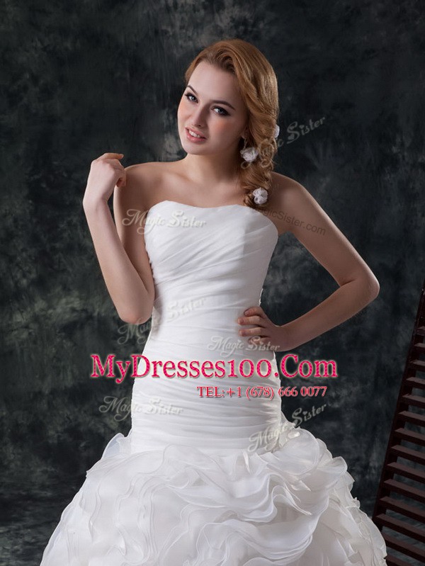Fabric with Rolling Flowers Sleeveless Brush Train Ruffles and Ruching Lace Up Wedding Gowns