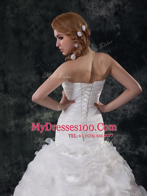 Fabric with Rolling Flowers Sleeveless Brush Train Ruffles and Ruching Lace Up Wedding Gowns