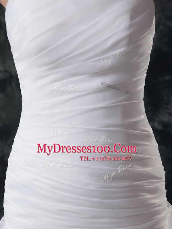 Fabric with Rolling Flowers Sleeveless Brush Train Ruffles and Ruching Lace Up Wedding Gowns