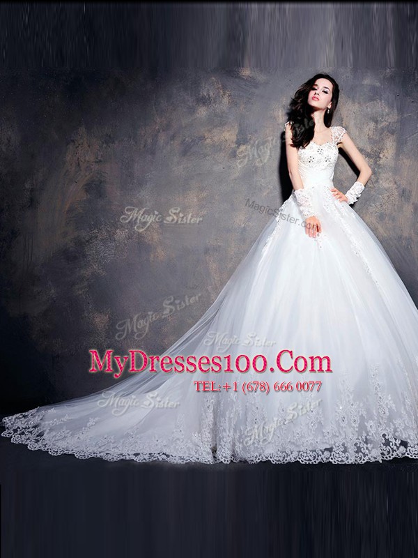 Traditional Beading and Appliques Wedding Dresses White Lace Up Cap Sleeves With Train Court Train