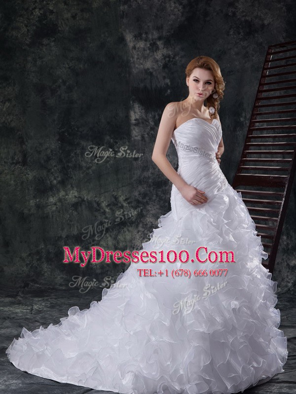 Trendy Brush Train A-line Wedding Dress White Sweetheart Organza Sleeveless With Train Lace Up