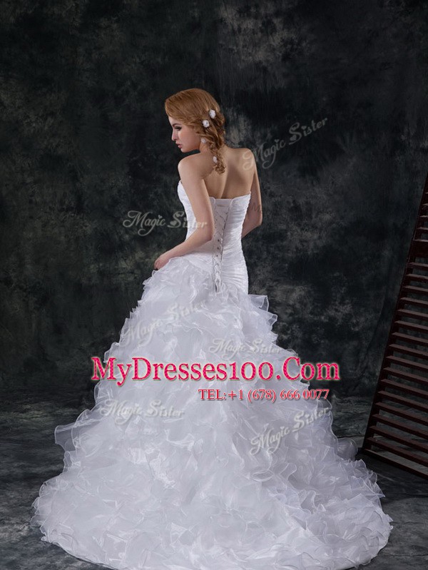 Trendy Brush Train A-line Wedding Dress White Sweetheart Organza Sleeveless With Train Lace Up