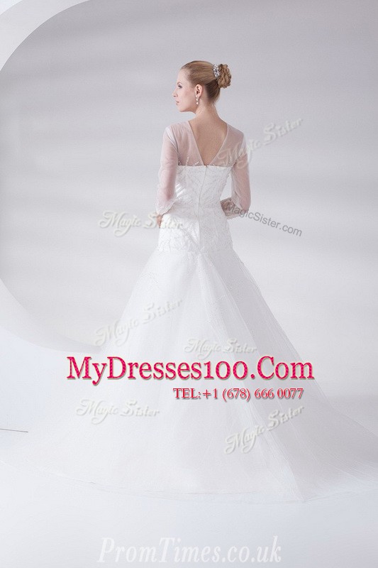 Luxury White Zipper Scoop Appliques Wedding Gown Tulle 3 4 Length Sleeve Brush Train
