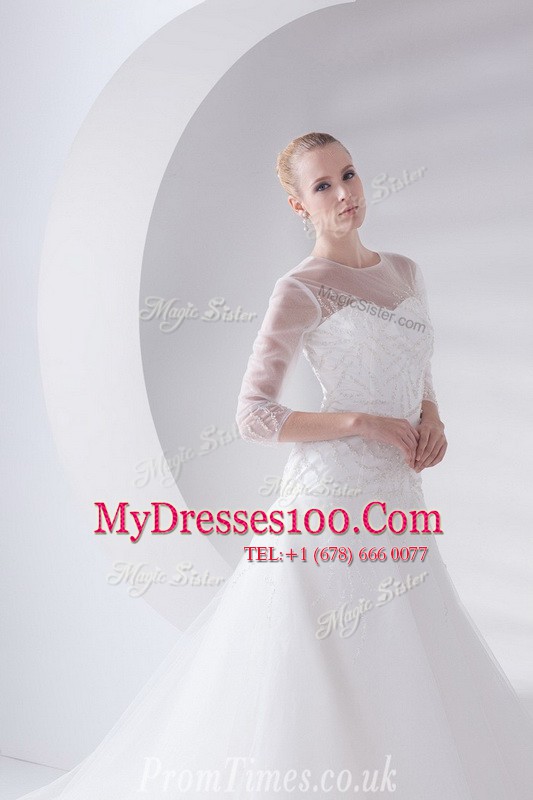 Luxury White Zipper Scoop Appliques Wedding Gown Tulle 3 4 Length Sleeve Brush Train
