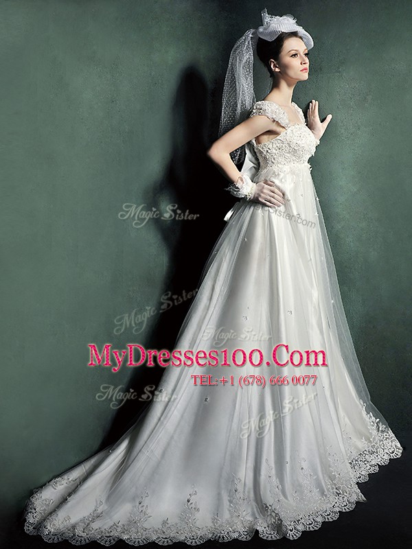 Glamorous White Wedding Dress Straps Cap Sleeves Court Train Lace Up