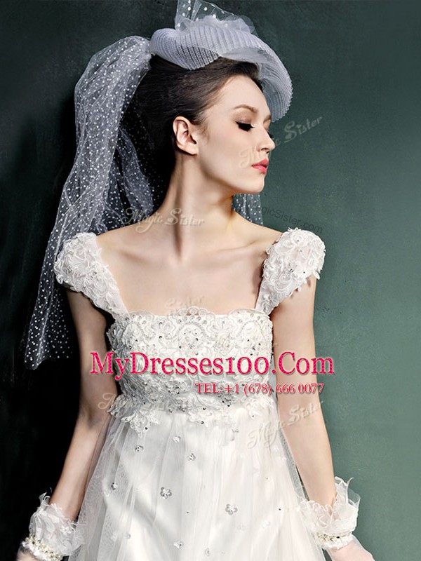 Glamorous White Wedding Dress Straps Cap Sleeves Court Train Lace Up
