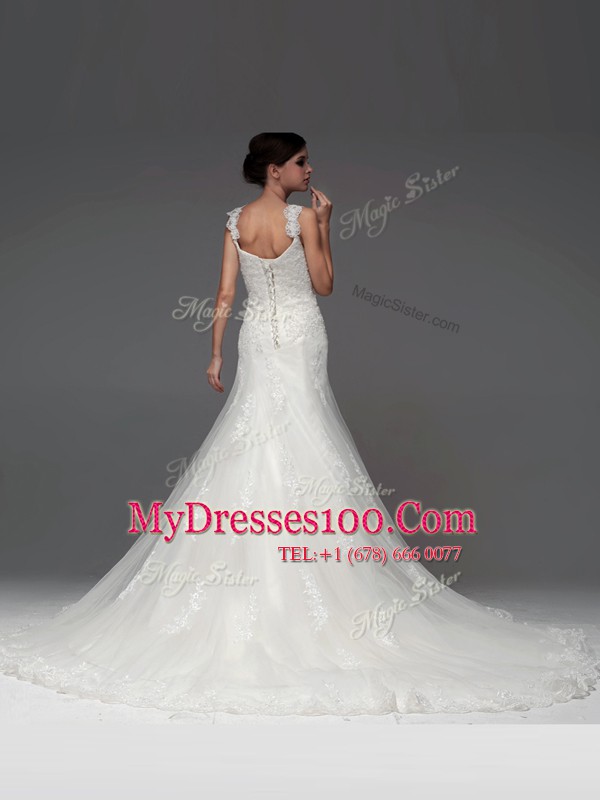 Beautiful Straps Sleeveless Brush Train Lace Up Wedding Dress White Tulle