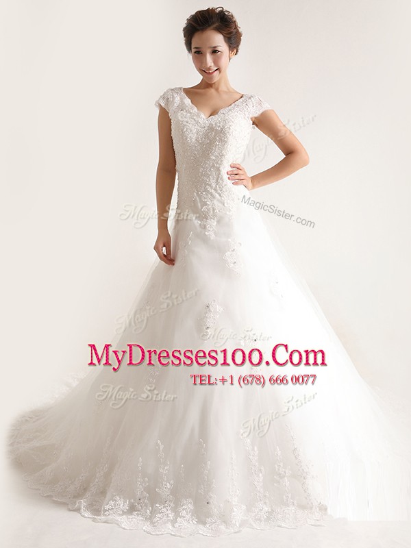 Cap Sleeves Tulle With Train Chapel Train Lace Up Wedding Gown in White with Lace and Appliques