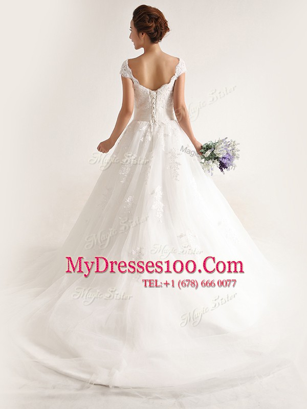 Cap Sleeves Tulle With Train Chapel Train Lace Up Wedding Gown in White with Lace and Appliques