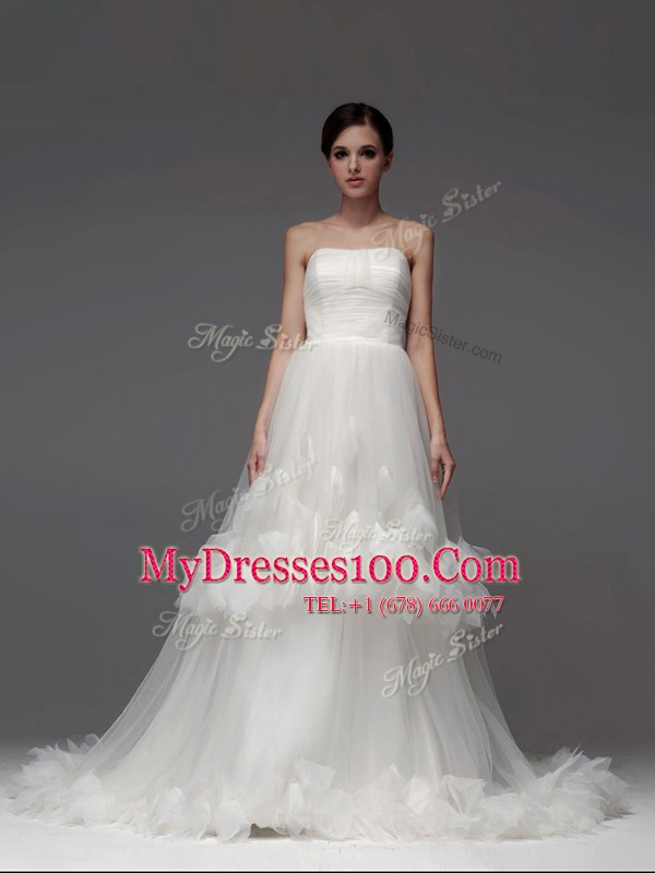Cheap Sleeveless With Train Ruffled Layers and Ruching Lace Up Wedding Gown with White Brush Train