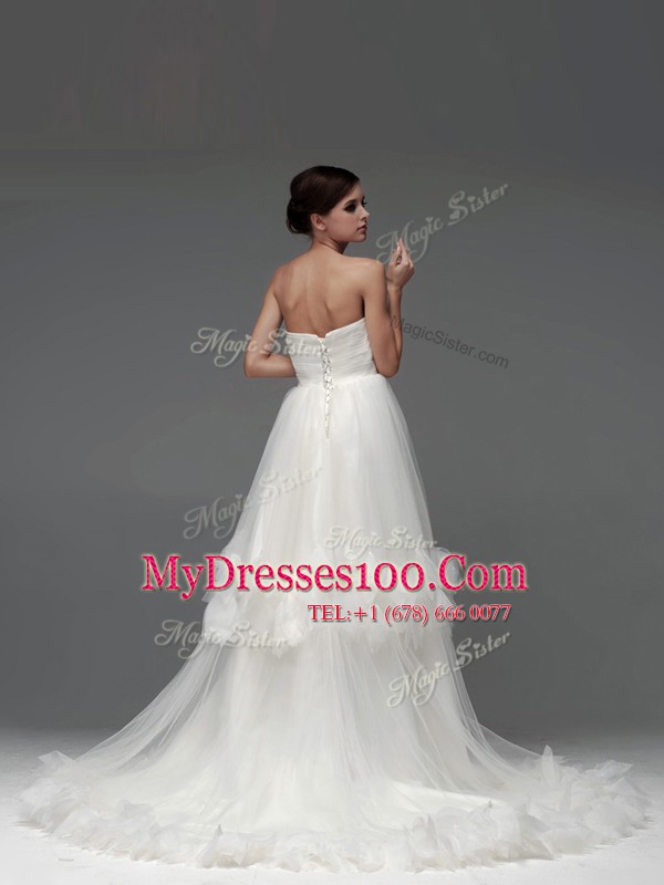 Cheap Sleeveless With Train Ruffled Layers and Ruching Lace Up Wedding Gown with White Brush Train