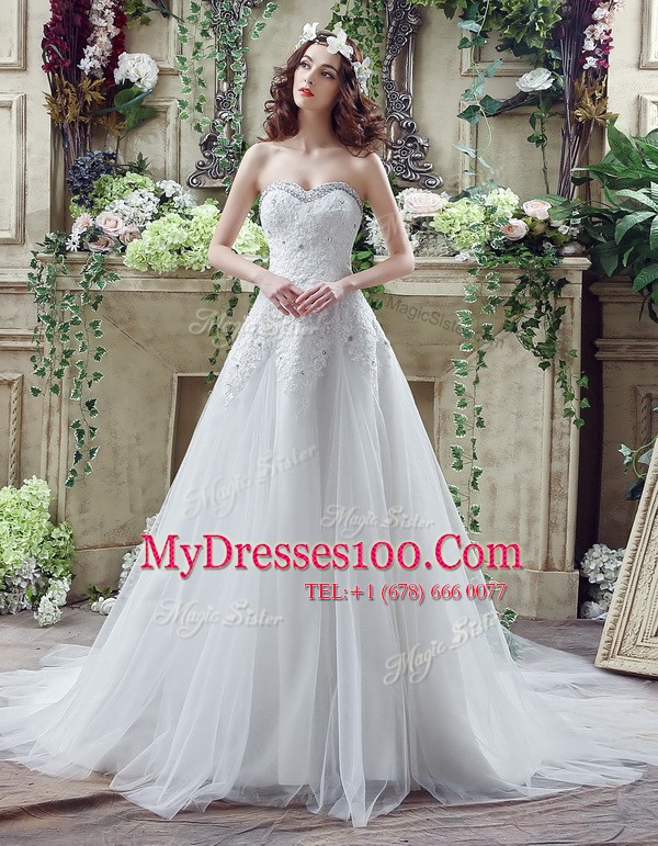 White Wedding Dress Sweetheart Sleeveless Court Train Lace Up