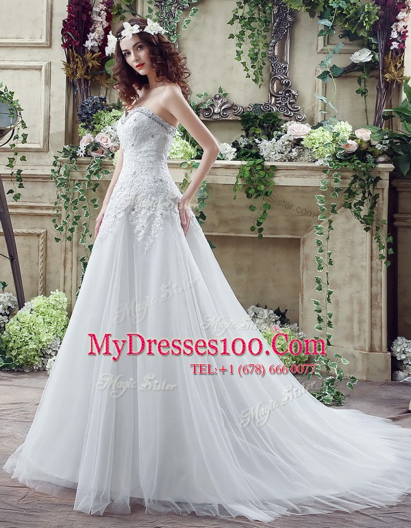White Wedding Dress Sweetheart Sleeveless Court Train Lace Up