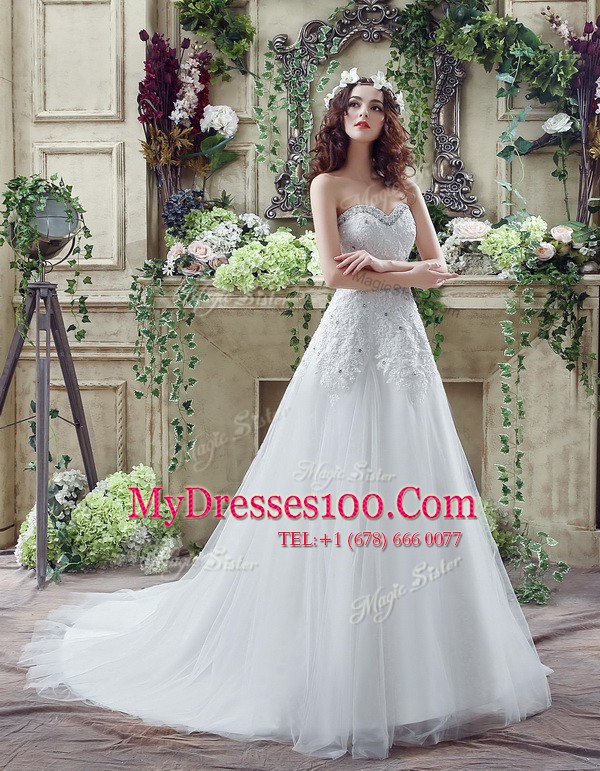 White Wedding Dress Sweetheart Sleeveless Court Train Lace Up