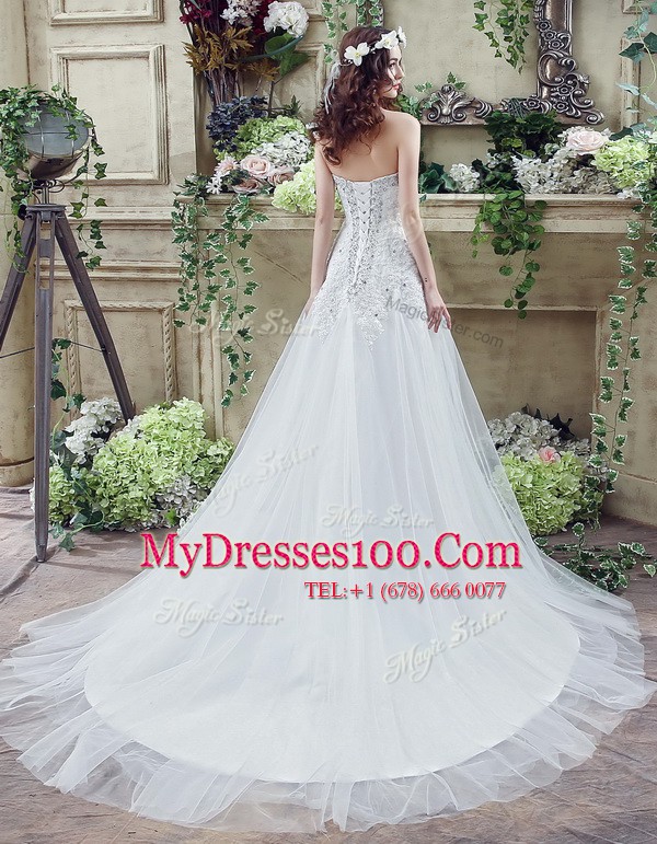 White Wedding Dress Sweetheart Sleeveless Court Train Lace Up
