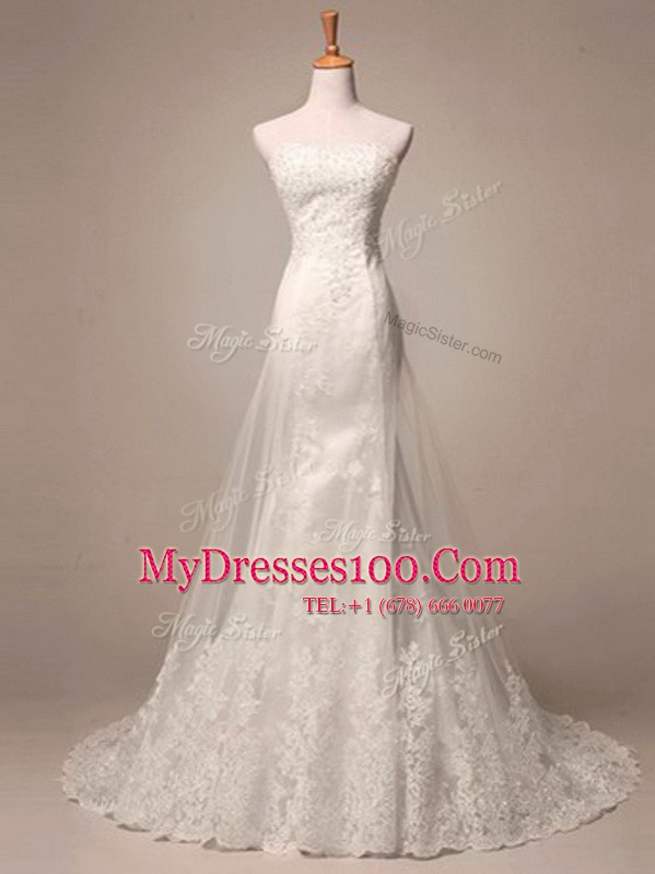 White Sleeveless Tulle and Lace Court Train Lace Up Wedding Dresses for Wedding Party