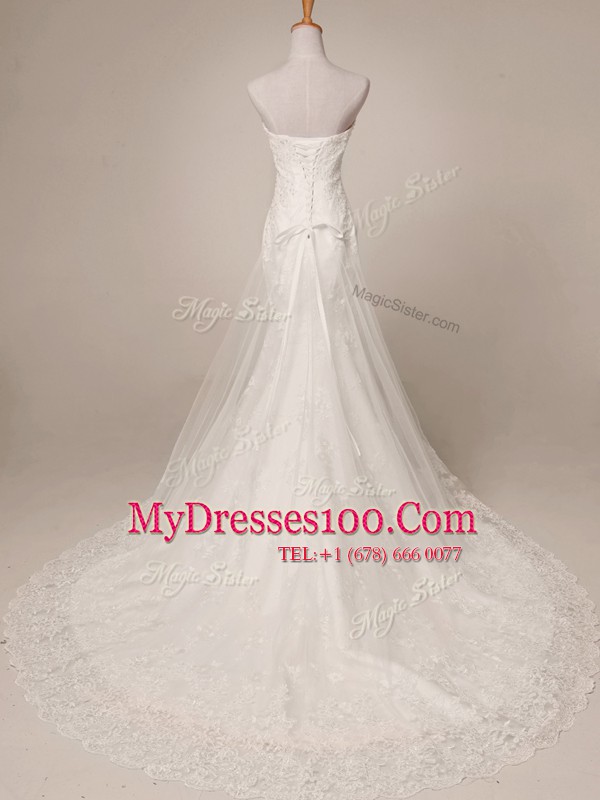 White Sleeveless Tulle and Lace Court Train Lace Up Wedding Dresses for Wedding Party
