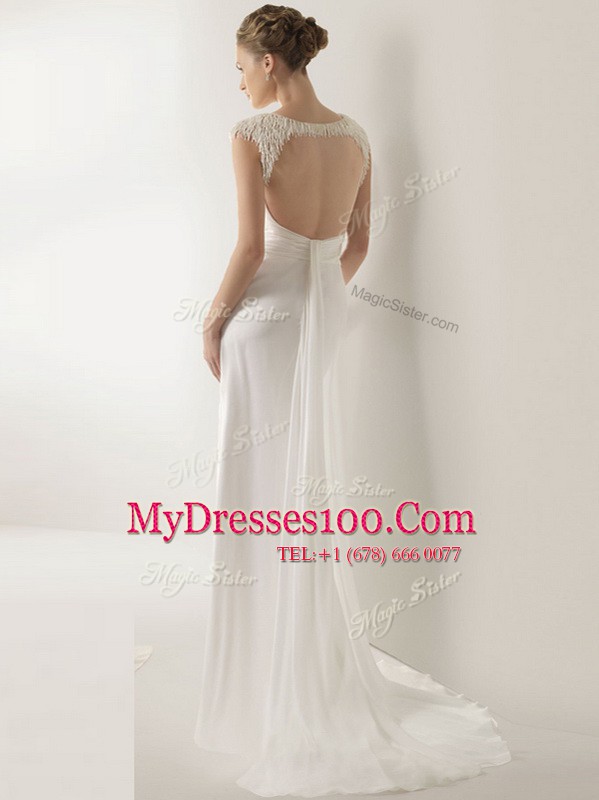 White V-neck Backless Ruching Wedding Dresses Brush Train Sleeveless