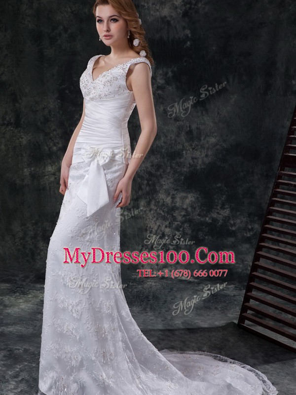 Fabulous White Column/Sheath V-neck Sleeveless Lace Brush Train Lace Up Beading and Lace and Appliques and Ruching and Bowknot Wedding Dresses