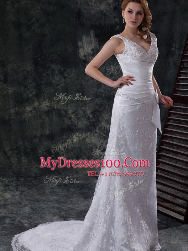 Fabulous White Column/Sheath V-neck Sleeveless Lace Brush Train Lace Up Beading and Lace and Appliques and Ruching and Bowknot Wedding Dresses