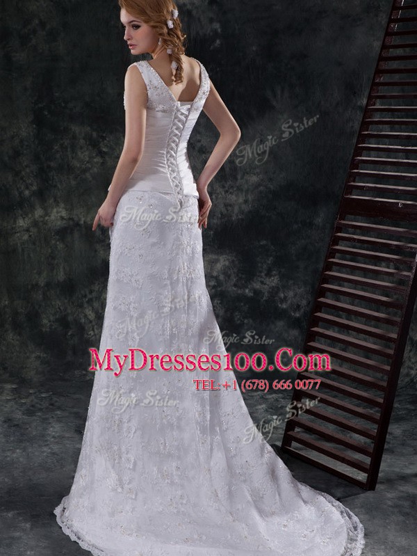 Fabulous White Column/Sheath V-neck Sleeveless Lace Brush Train Lace Up Beading and Lace and Appliques and Ruching and Bowknot Wedding Dresses