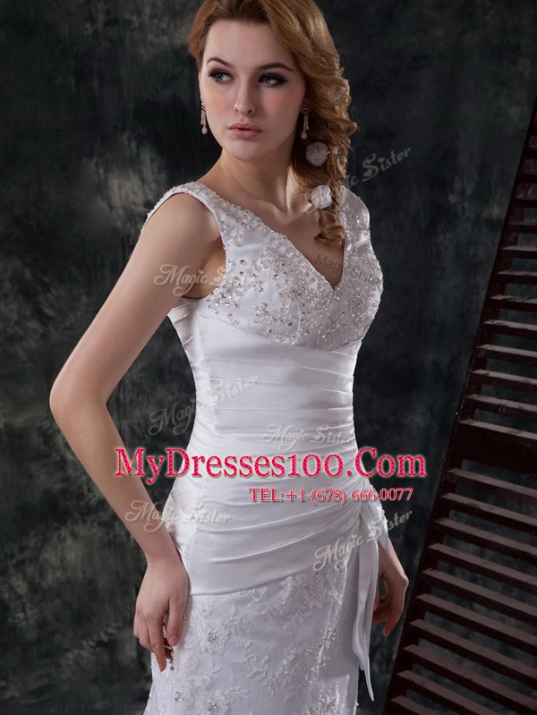 Fabulous White Column/Sheath V-neck Sleeveless Lace Brush Train Lace Up Beading and Lace and Appliques and Ruching and Bowknot Wedding Dresses