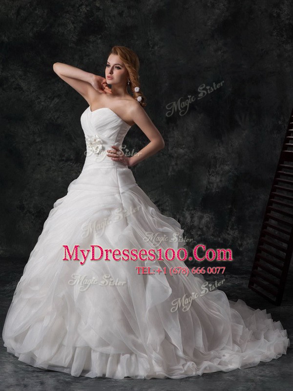 Decent Ruffled Brush Train A-line Bridal Gown White V-neck Organza Sleeveless Lace Up
