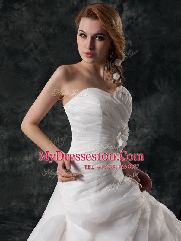 Decent Ruffled Brush Train A-line Bridal Gown White V-neck Organza Sleeveless Lace Up