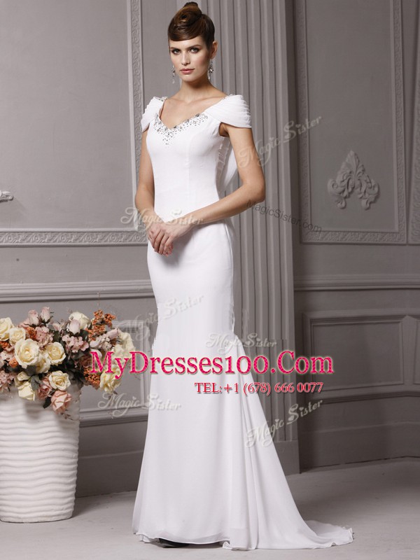 Mermaid White Cap Sleeves Brush Train Beading and Hand Made Flower With Train Wedding Dress