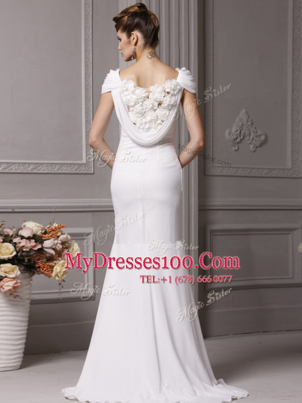 Mermaid White Cap Sleeves Brush Train Beading and Hand Made Flower With Train Wedding Dress