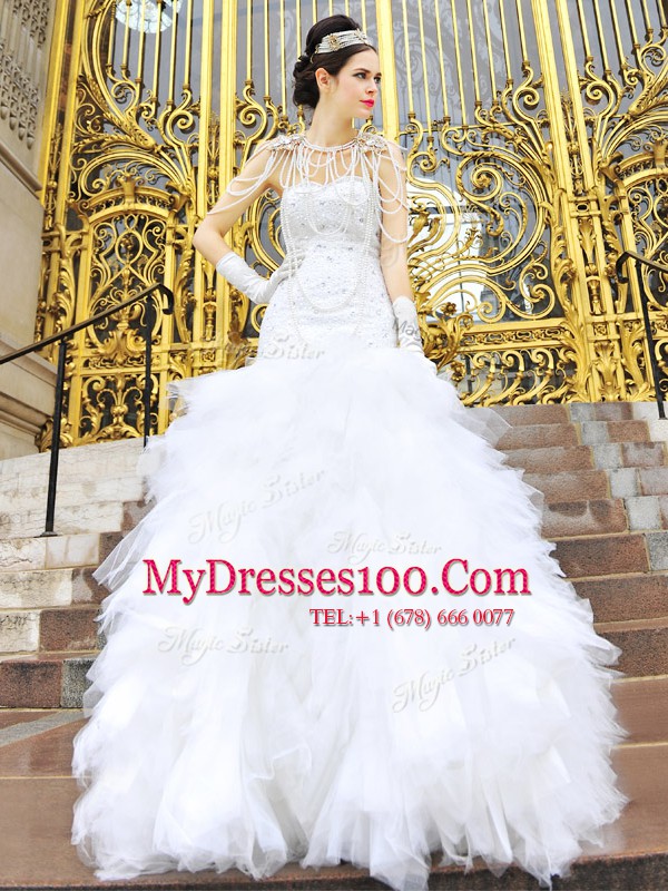 Floor Length Zipper Bridal Gown White for Wedding Party with Beading and Ruffles