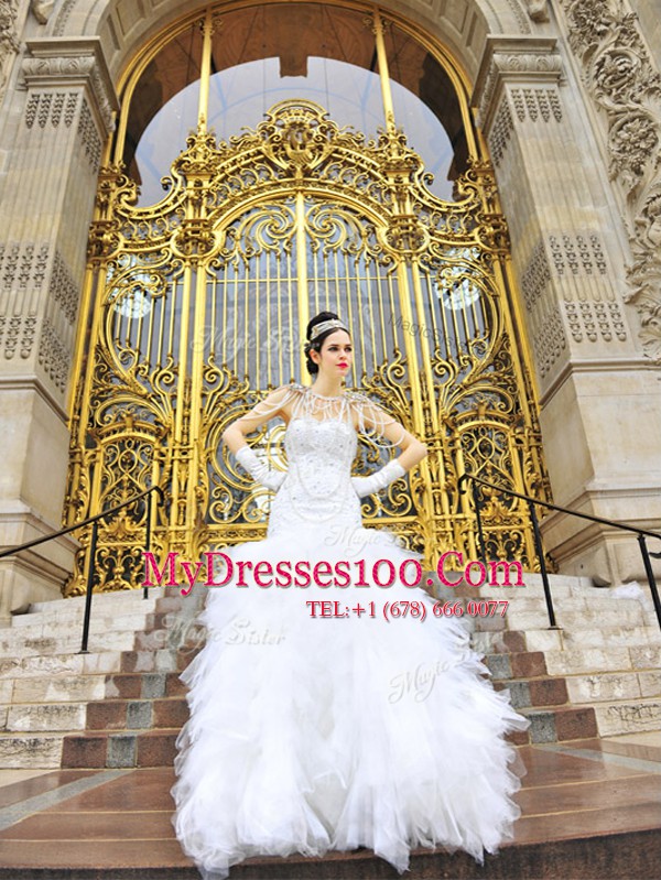 Floor Length Zipper Bridal Gown White for Wedding Party with Beading and Ruffles