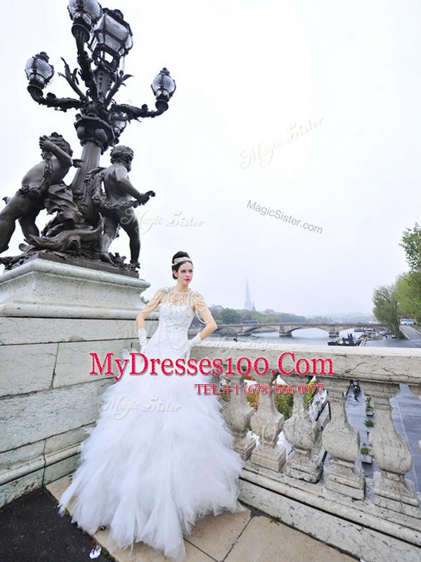 Floor Length Zipper Bridal Gown White for Wedding Party with Beading and Ruffles