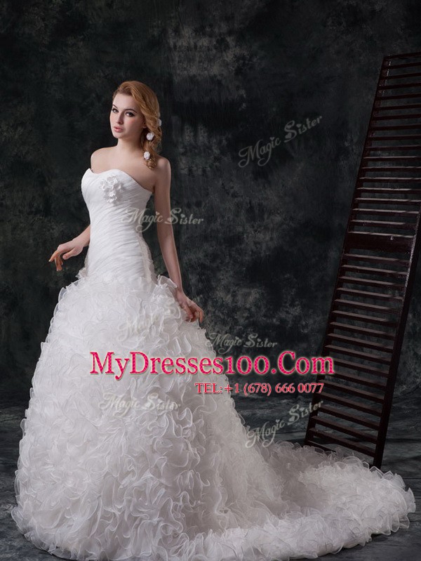 New Style White Sleeveless Organza and Fabric With Rolling Flowers Court Train Lace Up Wedding Gowns for Wedding Party