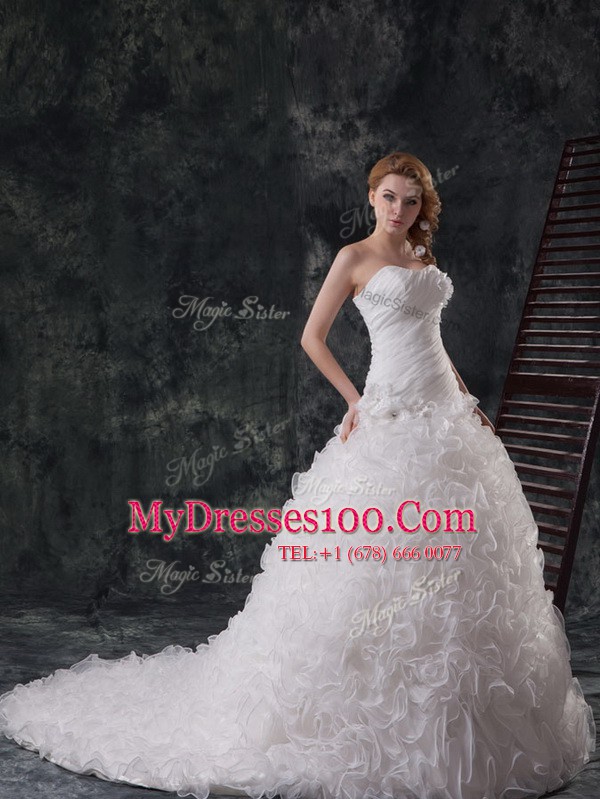 New Style White Sleeveless Organza and Fabric With Rolling Flowers Court Train Lace Up Wedding Gowns for Wedding Party