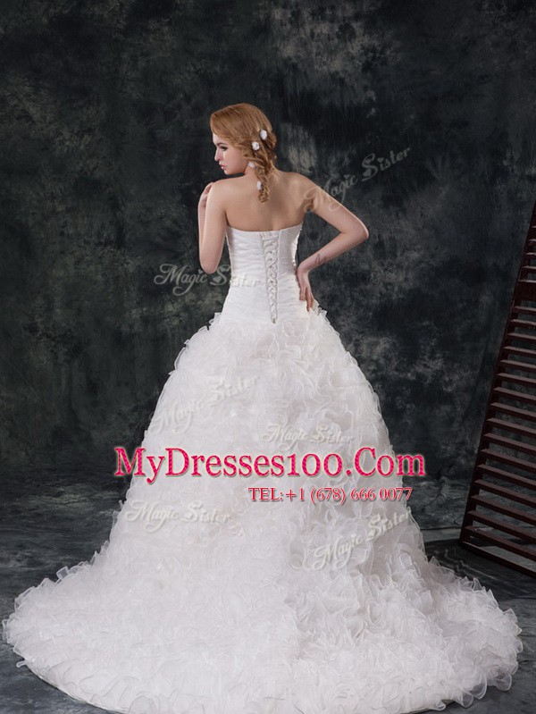 New Style White Sleeveless Organza and Fabric With Rolling Flowers Court Train Lace Up Wedding Gowns for Wedding Party